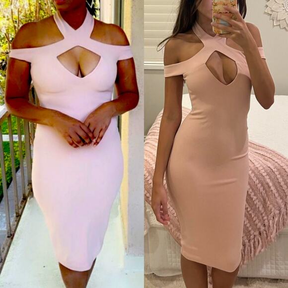 🚫🚫🚫NOOKIE Powder Pink Pastel Midi Dress Cut Out NWT Size L 8🚫🚫🚫 - Picture 1 of 9